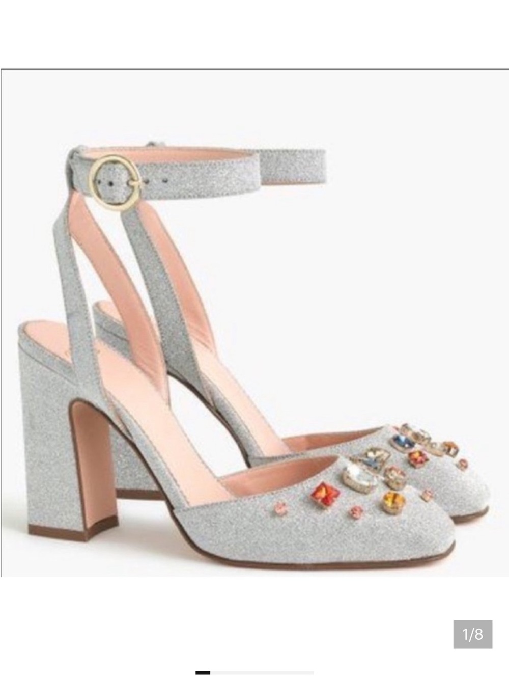 J. Crew Silver Glitter Bejeweled Ankle Strap Heels